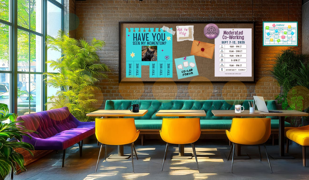 a GoBrunch virtual room from a community Create the Rules purple, green and yellow with moderated co-working hours on the wall