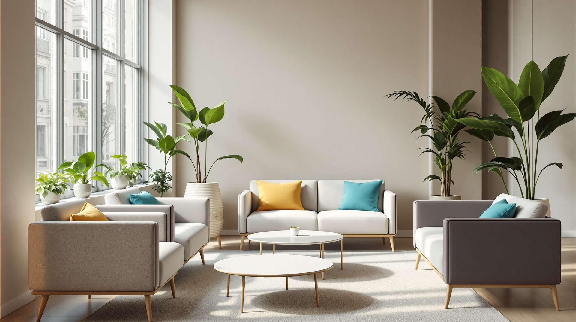 a virtual lounge room with neutral tones and teal and yellow pillows and plants