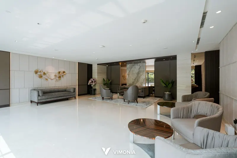 Interior lobi apartemen Lobby Alder Aerium, Kembangan – proyek Vimonia