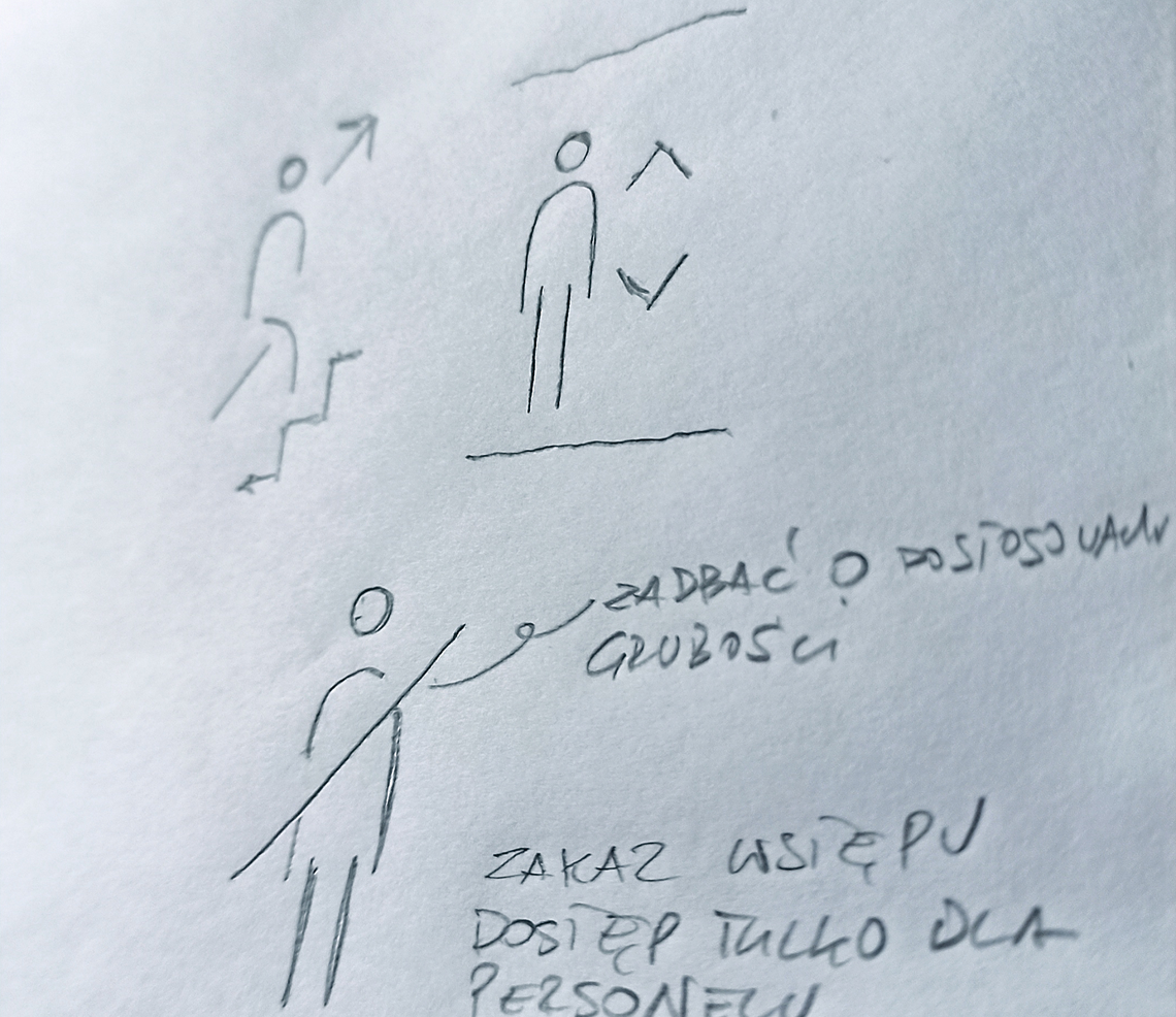 Pencil sketches of wayfinding pictograms on paper
