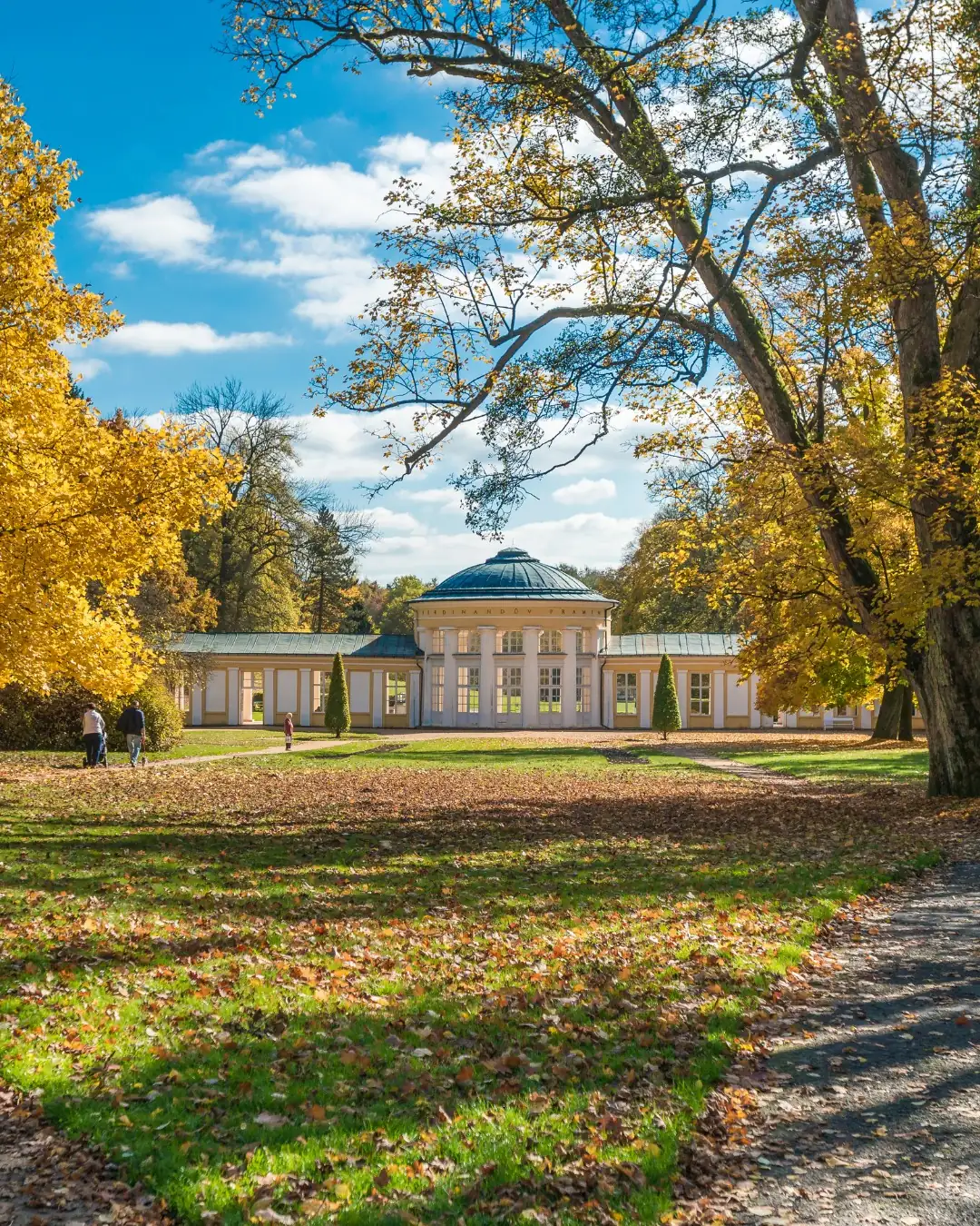 Podzimní lázeňský park v Mariánských Lázních se žlutě zbarvenými stromy a trávníkem posetým listím. V pozadí klasicistní kolonáda s kopulí pod modrou oblohou.
