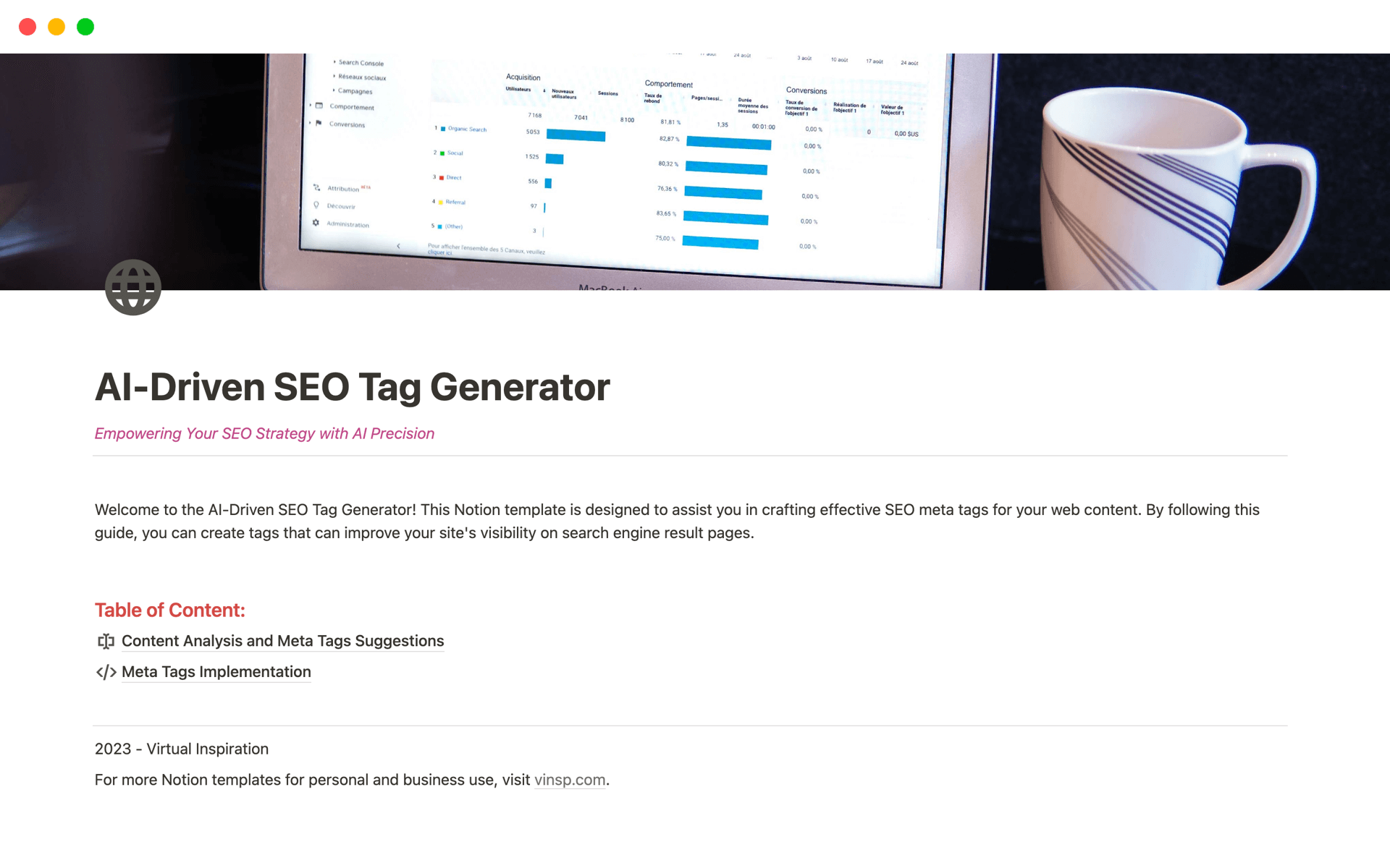 AI SEO Tag Generator Notion template example by Virtual Inspiration