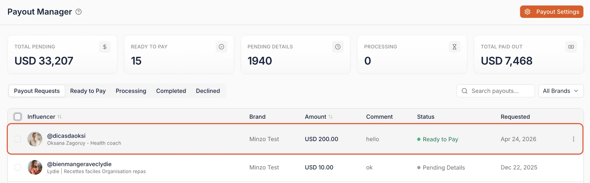 Influencer Hero Bulk Payout Settings