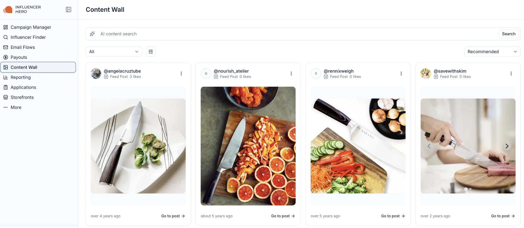 Content Wall Reportistica UGC di Influencer Hero