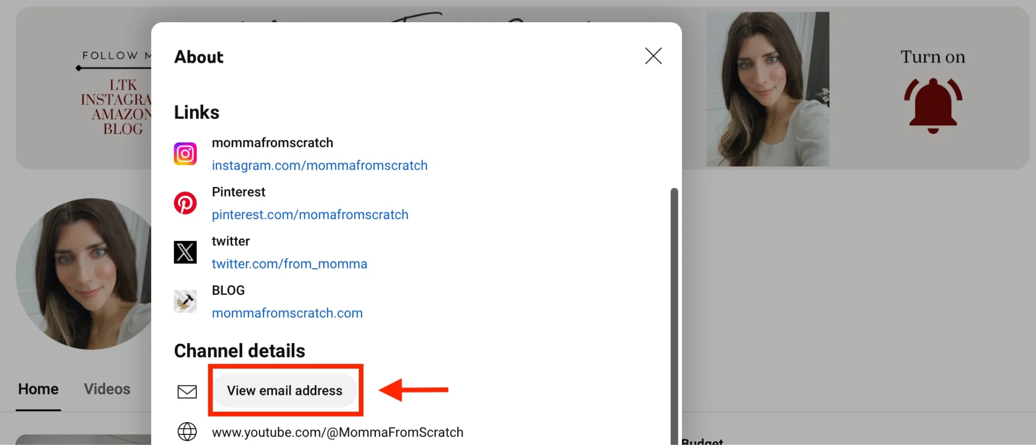 Pulsante Visualizza indirizzo email del canale YouTube