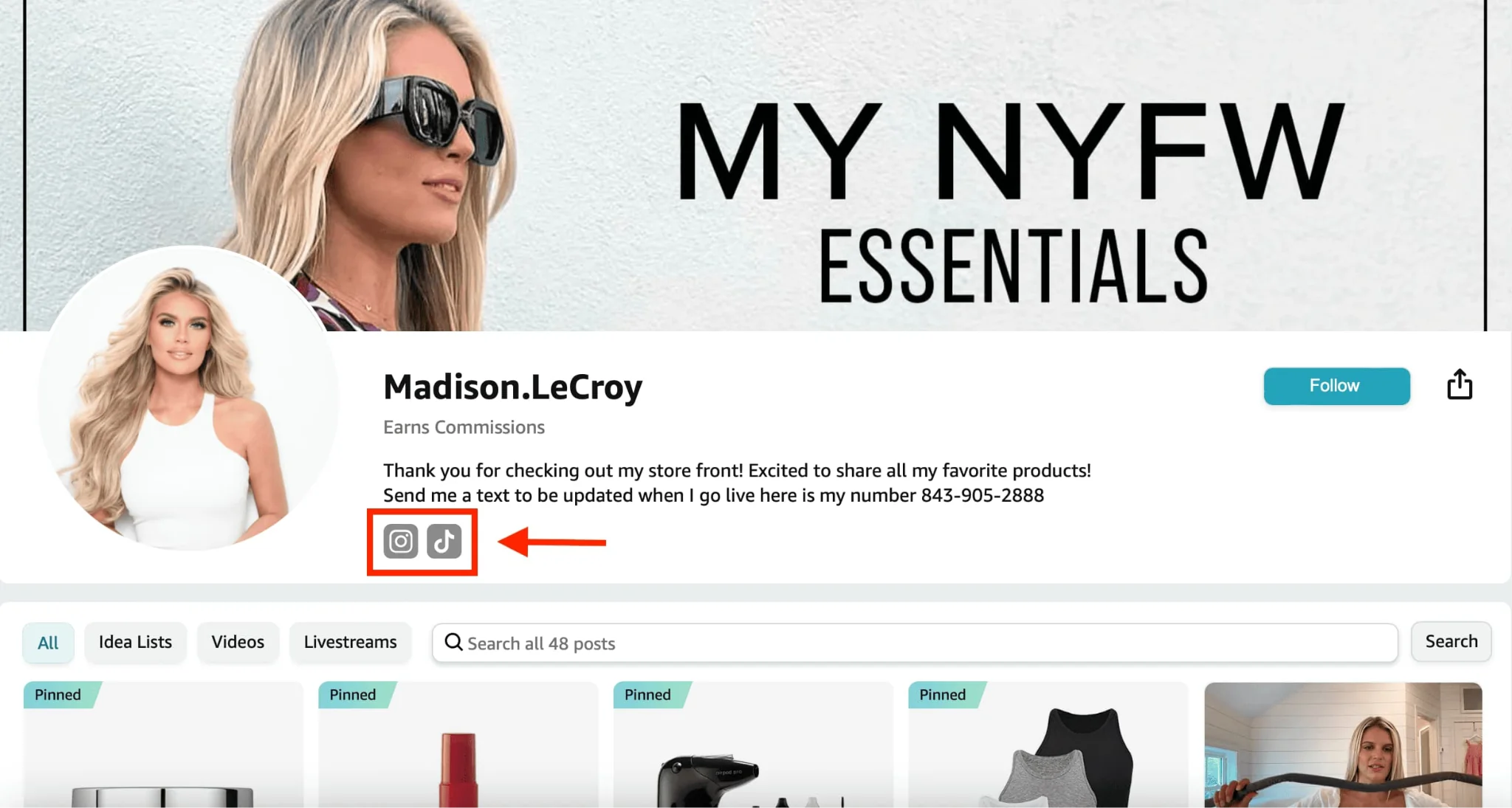 Pagina del profilo influencer Amazon Live