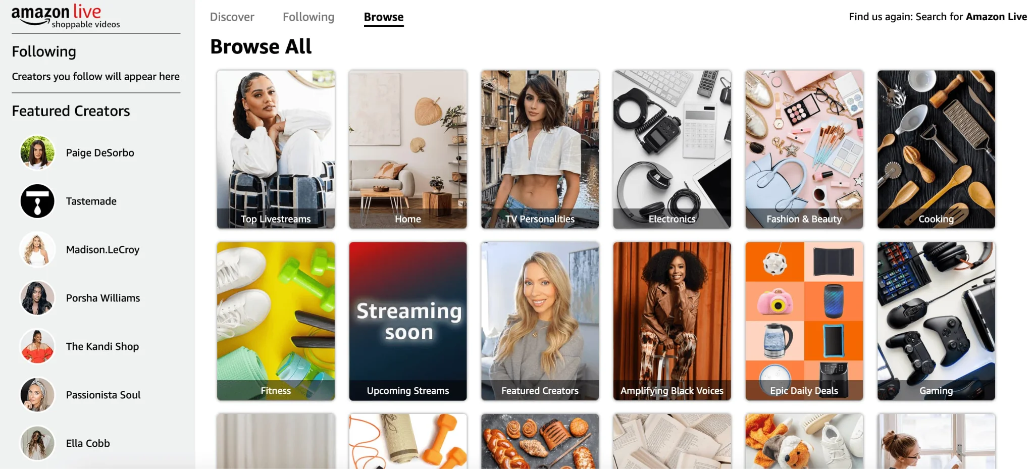 Categorie influencer Amazon Live