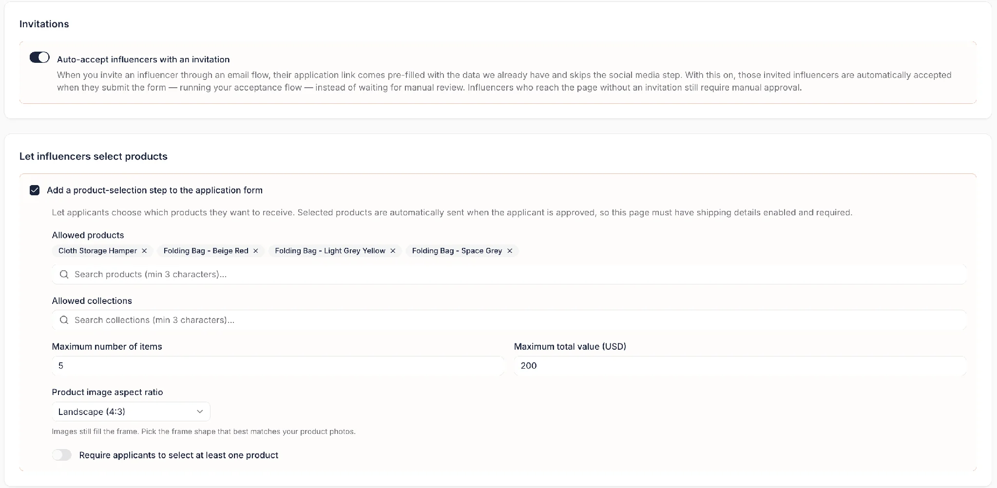 Product Selection Settings Influencer Hero Application Form
