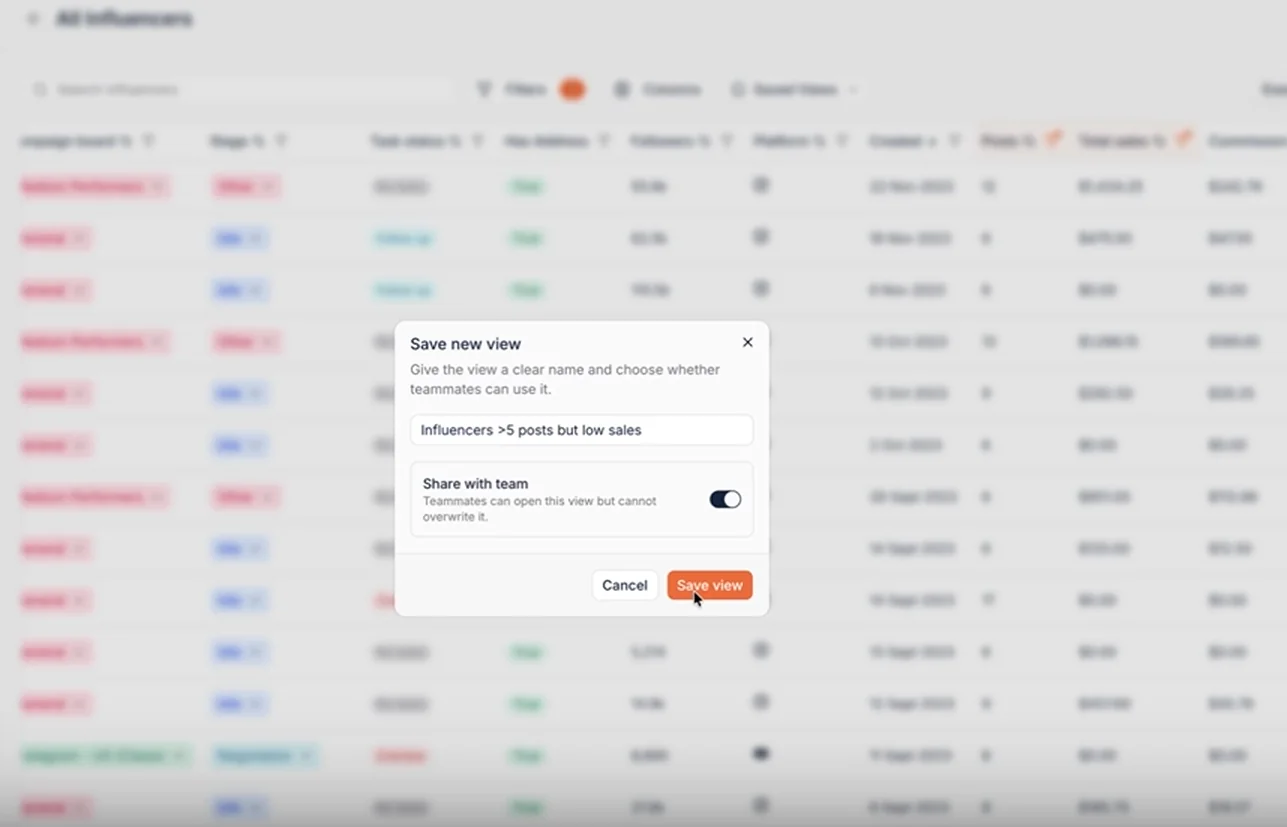 Saved Views Influencer CRM
