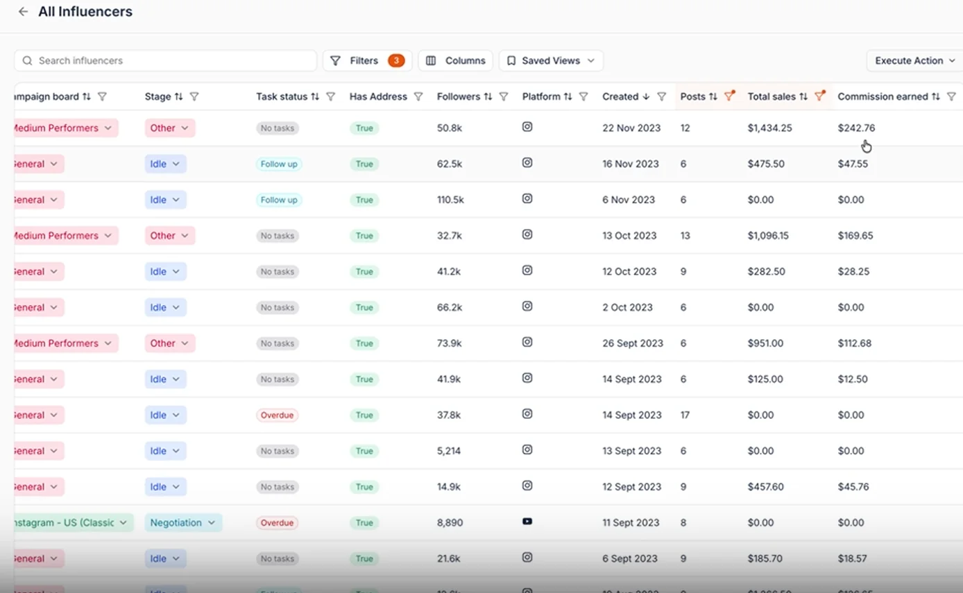 Custom Columns Influencer CRM