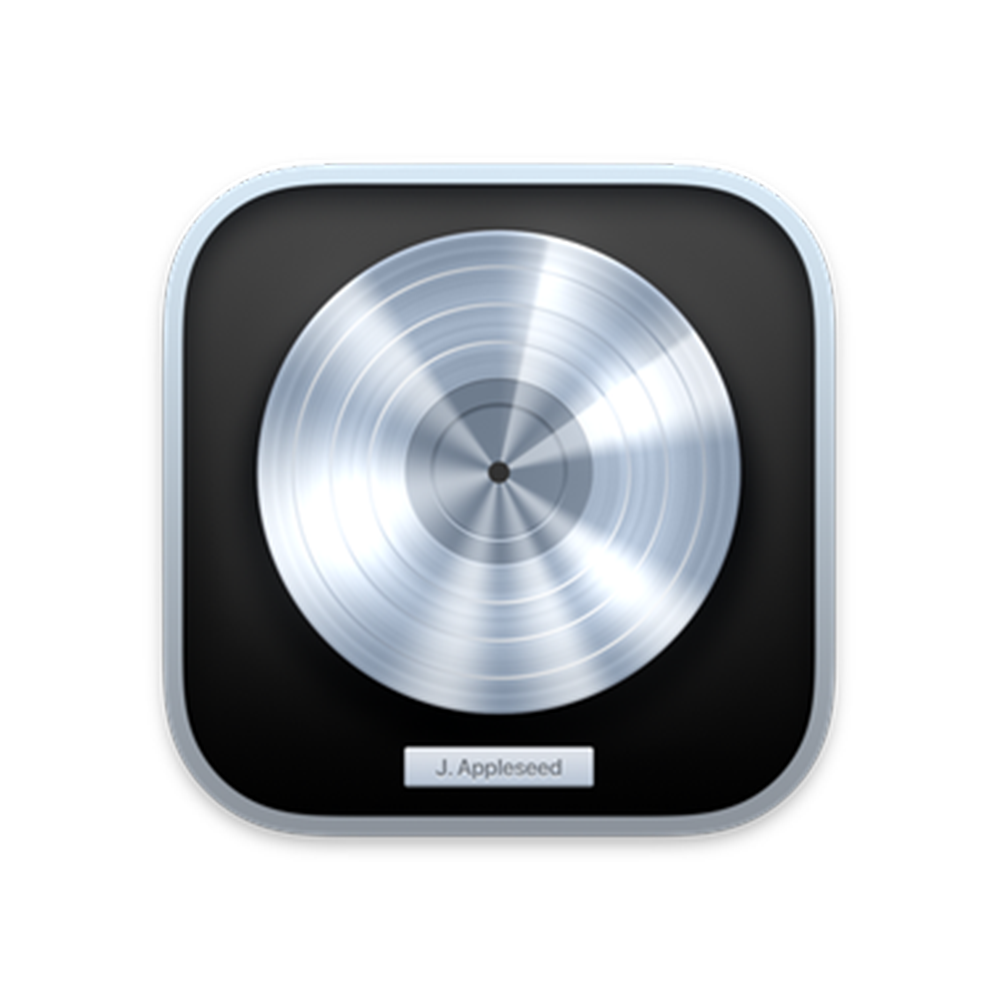 Icon of a metallic silver audio mixing dial with a label reading 'J. Appleseed' on a black and gray square background.