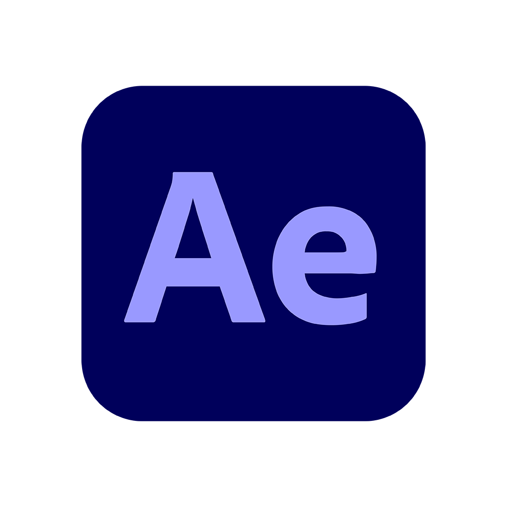 Adobe After Effects application icon with light purple 'Ae' letters on a dark blue rounded square background.