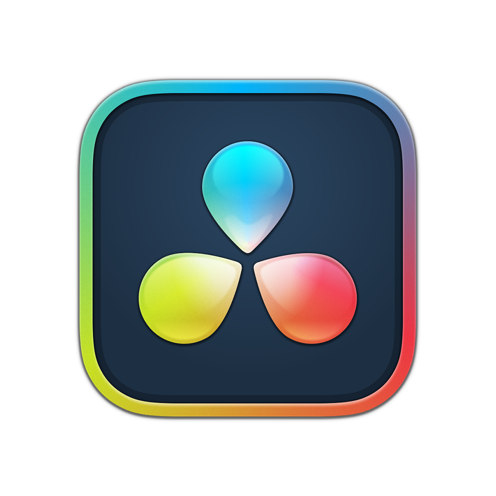 DaVinci Resolve app icon featuring three colorful teardrop shapes on a dark rounded square background with a rainbow gradient border.