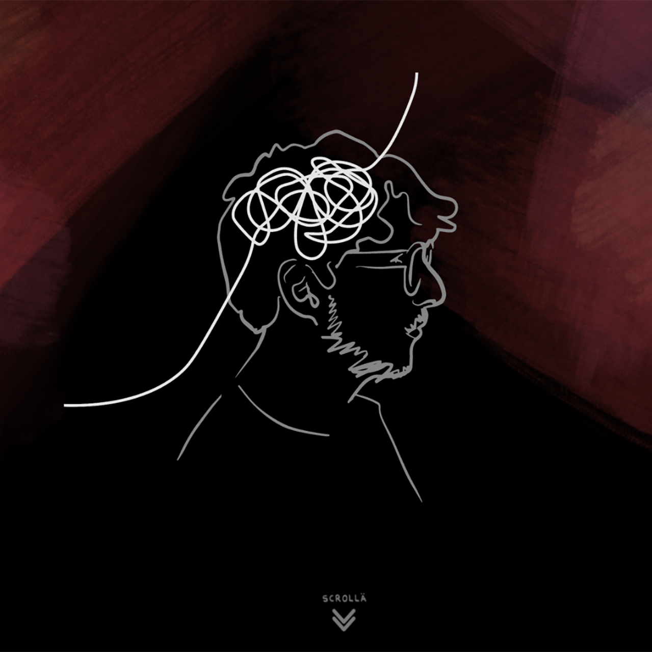 Profile outline of a man with glasses and a beard, with a scribbled line above his head symbolizing confusion or a busy mind, on a dark abstract background.