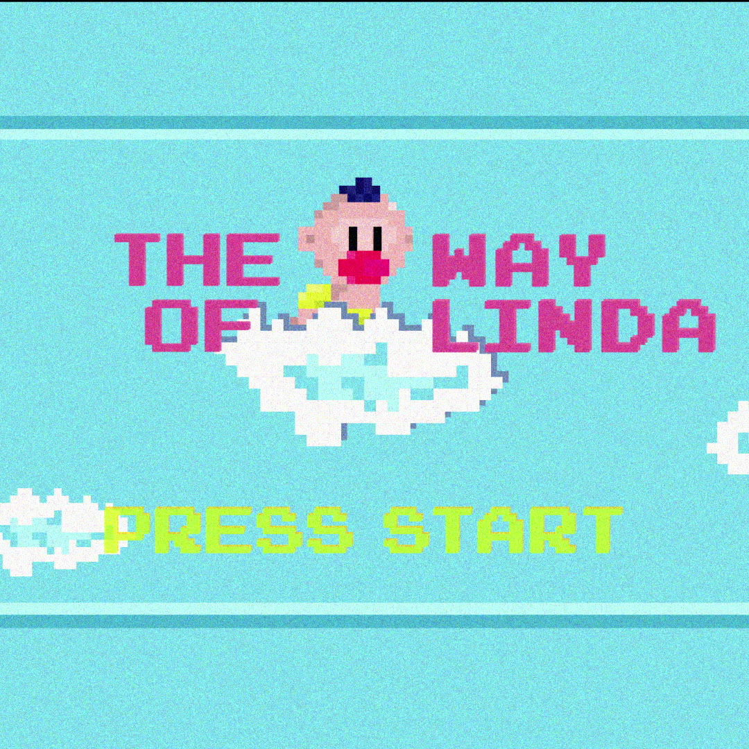Pixel art title screen with a character holding a cloud, text reads 'The way of Linda' and 'Press Start' on a blue background.