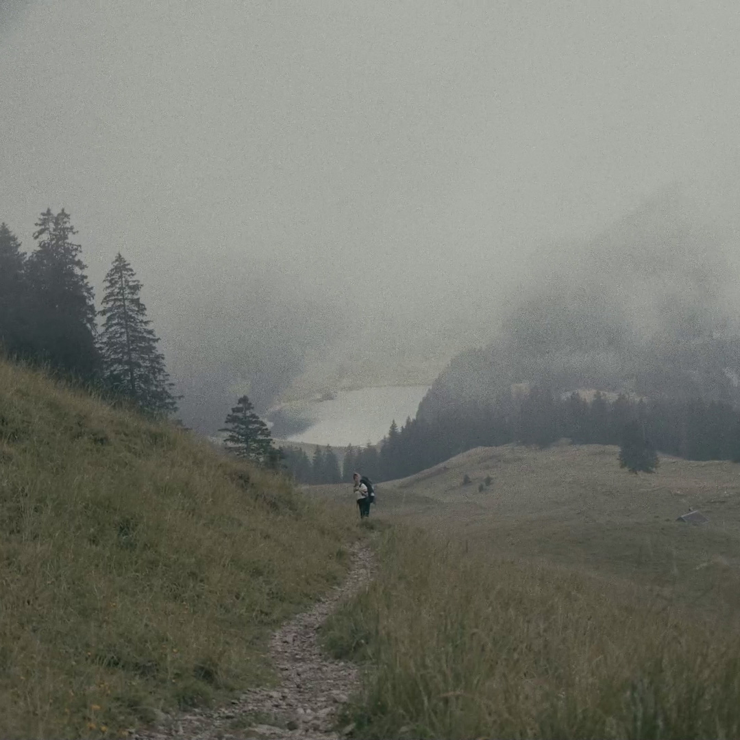 A lone hiker walks along a narrow rocky path on a grassy hillside surrounded by misty mountains and pine trees.