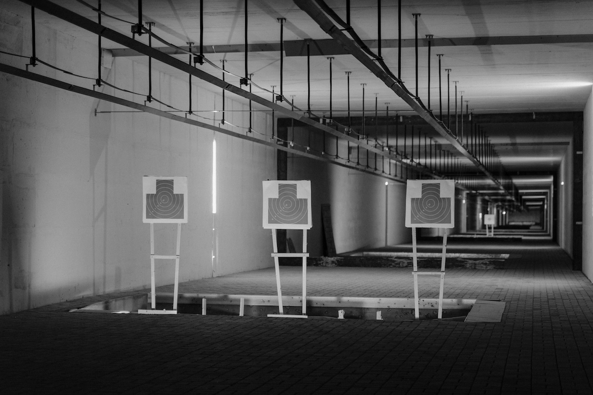 Grayscale Photo of a Shooting Range