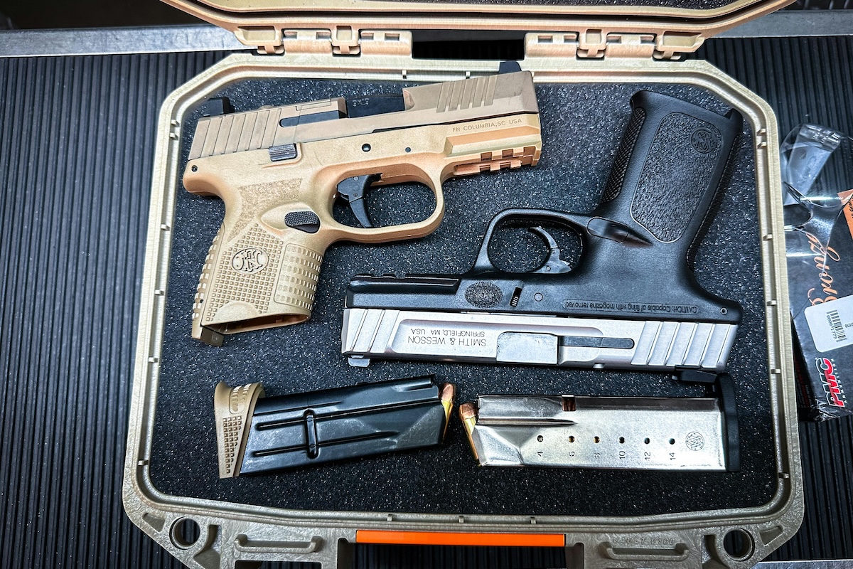 Firearms stored in a padded case for safety.