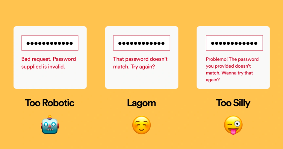 A visual of three options for a password error message. Te first reads "Bad request. Password supplied is invalid" and is called too robotic. The second text reads "That password doesn't match. try again?" and is called "Lagom". The third reads "Problemo! the password you provided doesn't match. Wanna try that again?" and is called too silly.
