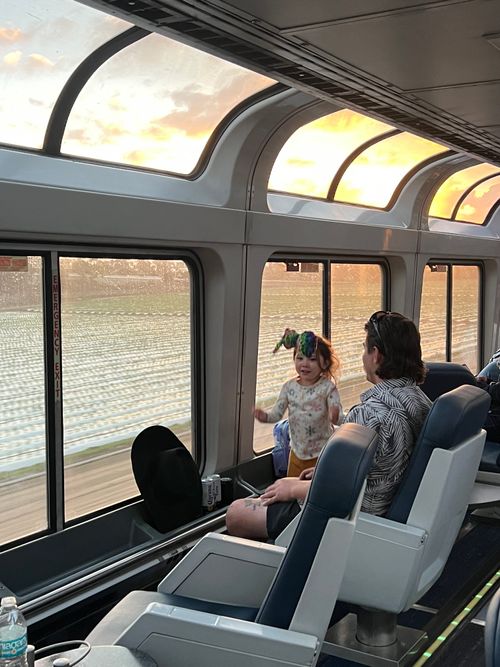 Inside the lounge of the Coast Starlight train from San Francisco to LA.