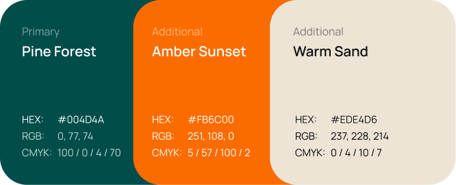 Brand color palette: Pine Forest, Amber Sunset, Warm Sand