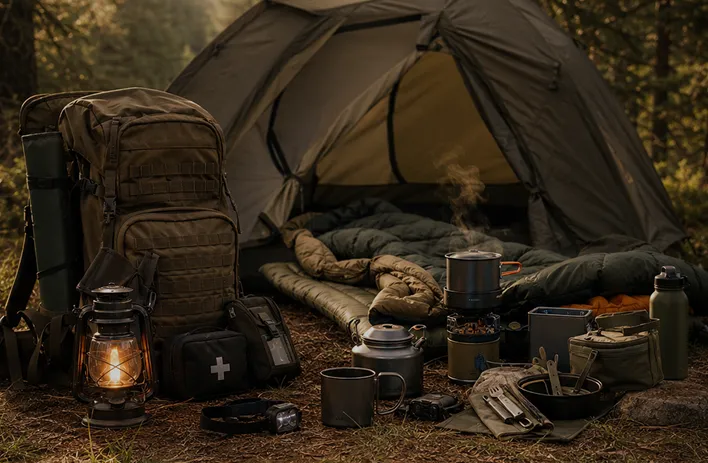 Camping gear laid out beside a tent