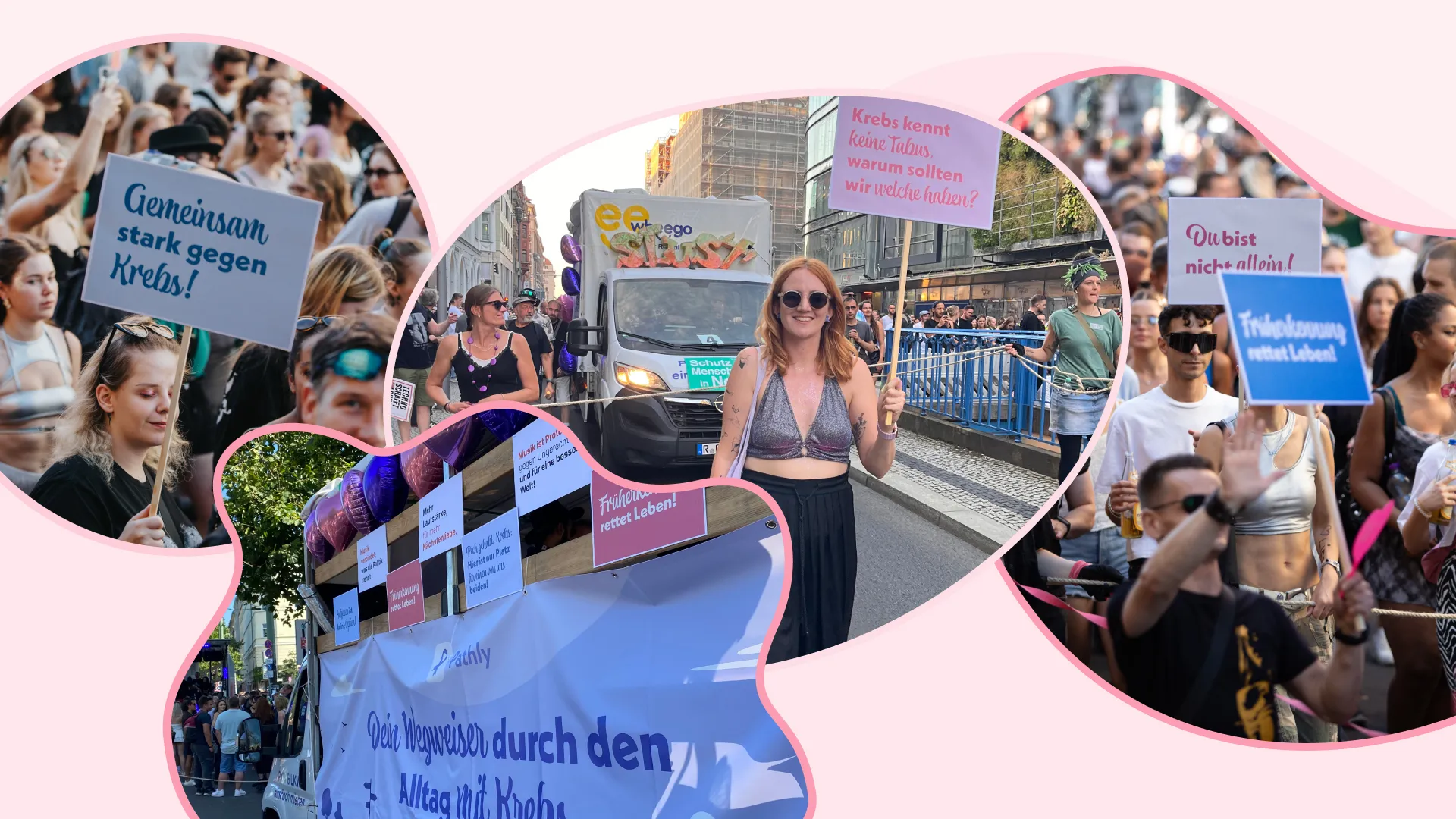 Bilder einer Demonstration zum Thema Krebs. Ein Wagen mit dem Logo von Pathly. 