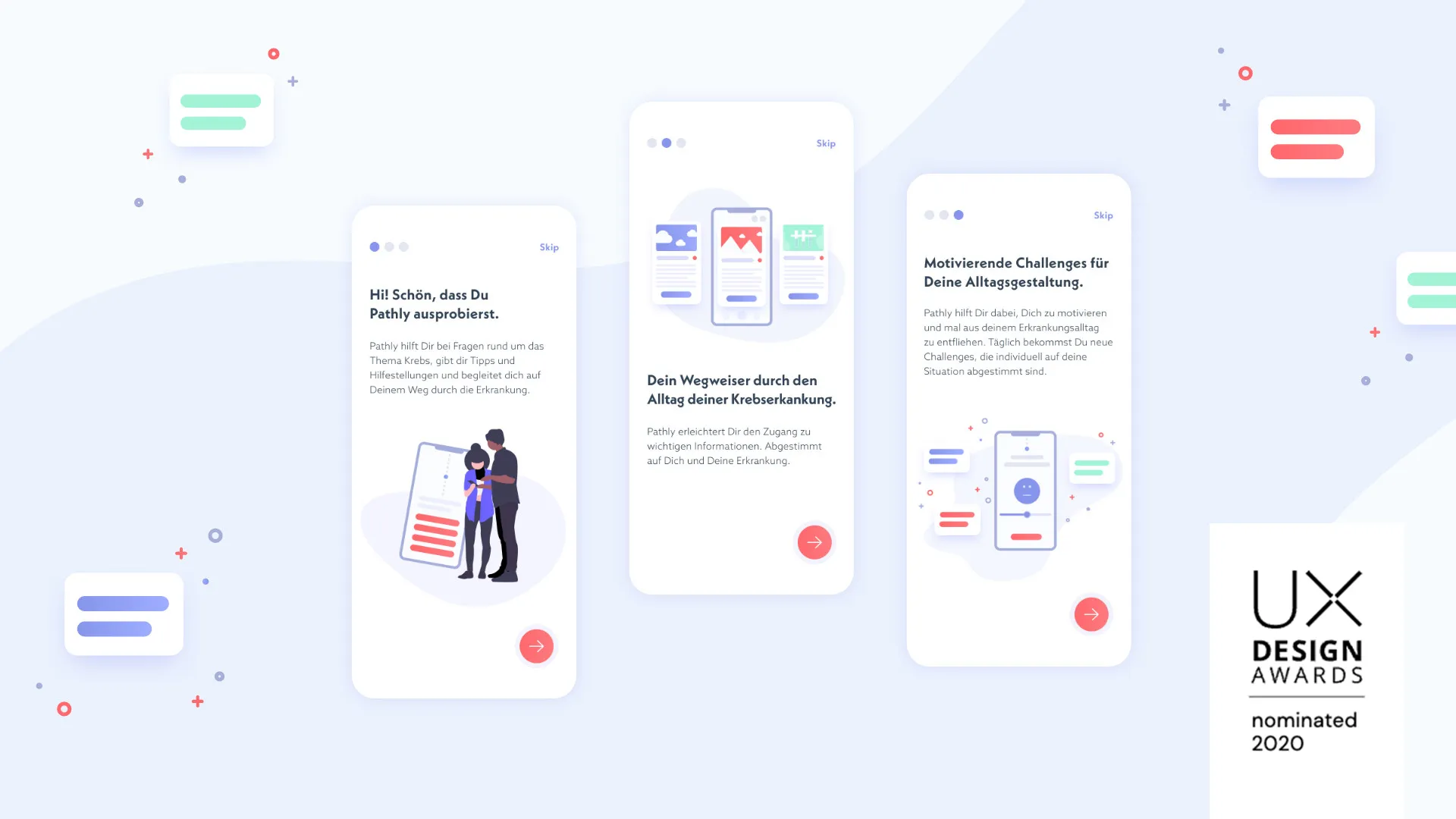 Drei App-Screens von Pathly. Rechts unten sieht man die Nominierung zu den UX-Design-Awards-2020.