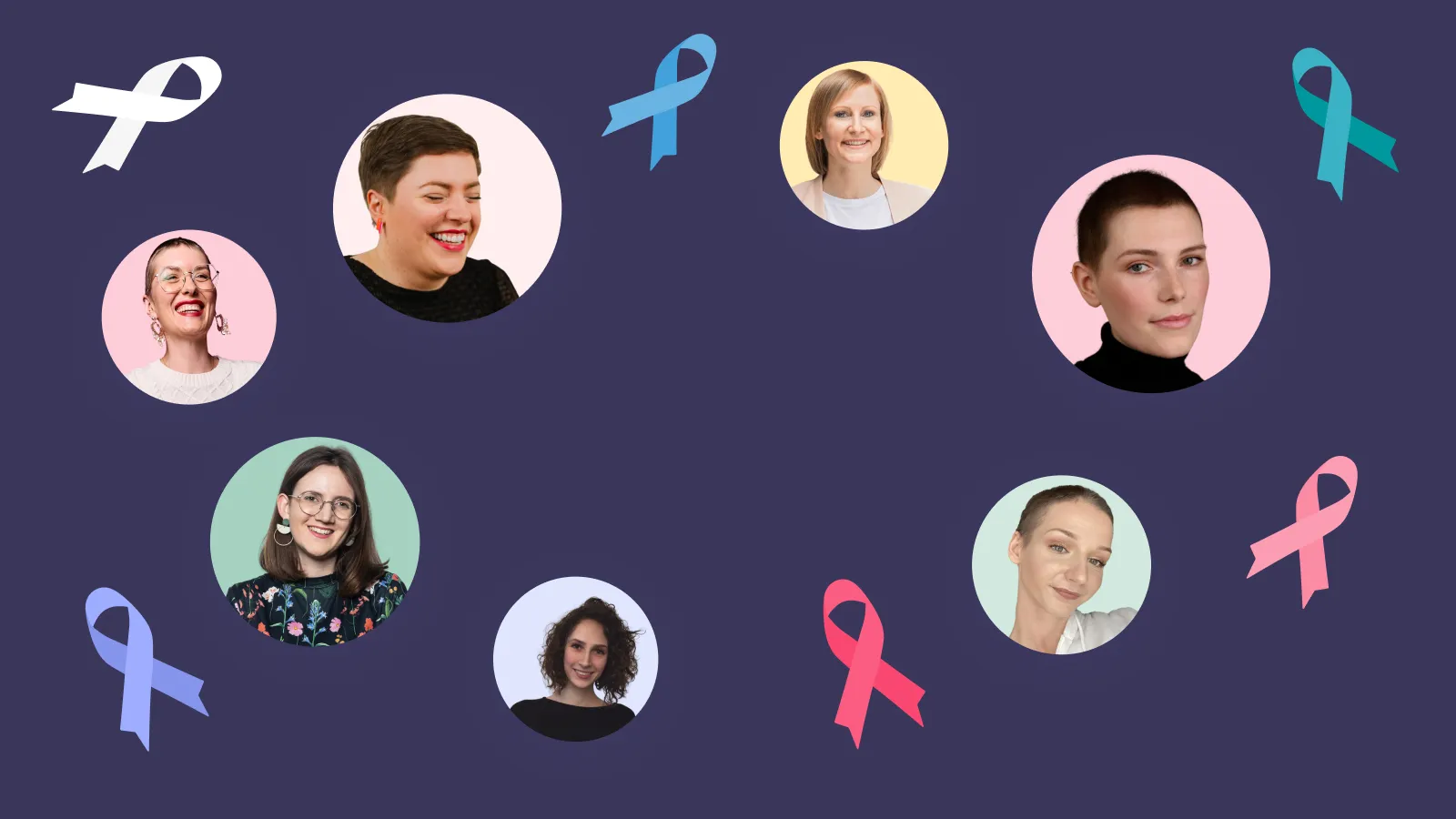 Mehrere Personen in Kreisen auf einem lila hintergrund. Um sie herum fliegen Awareness-Schleifen für verschiedene Krebsarten.