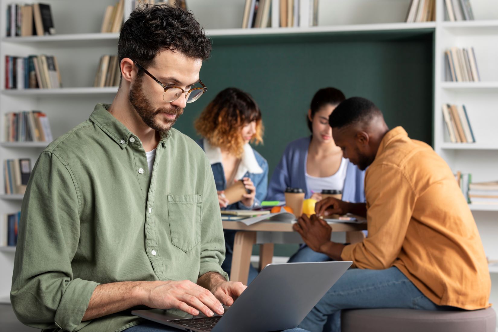 Groep studenten die aan het werk zijn waarvan 1 op de voorgrond met een laptop