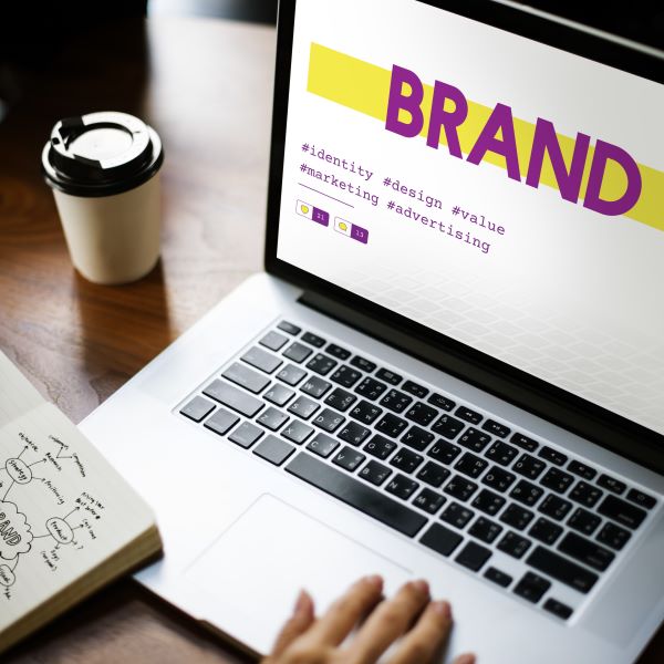 laptop with brand on screen