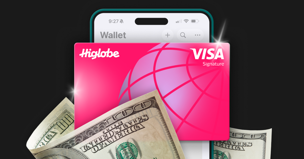 Introducing the Higlobe Card: A vibrant pink Visa Signature card displayed on a smartphone screen inside a digital wallet, layered over fanned-out US dollar bills.