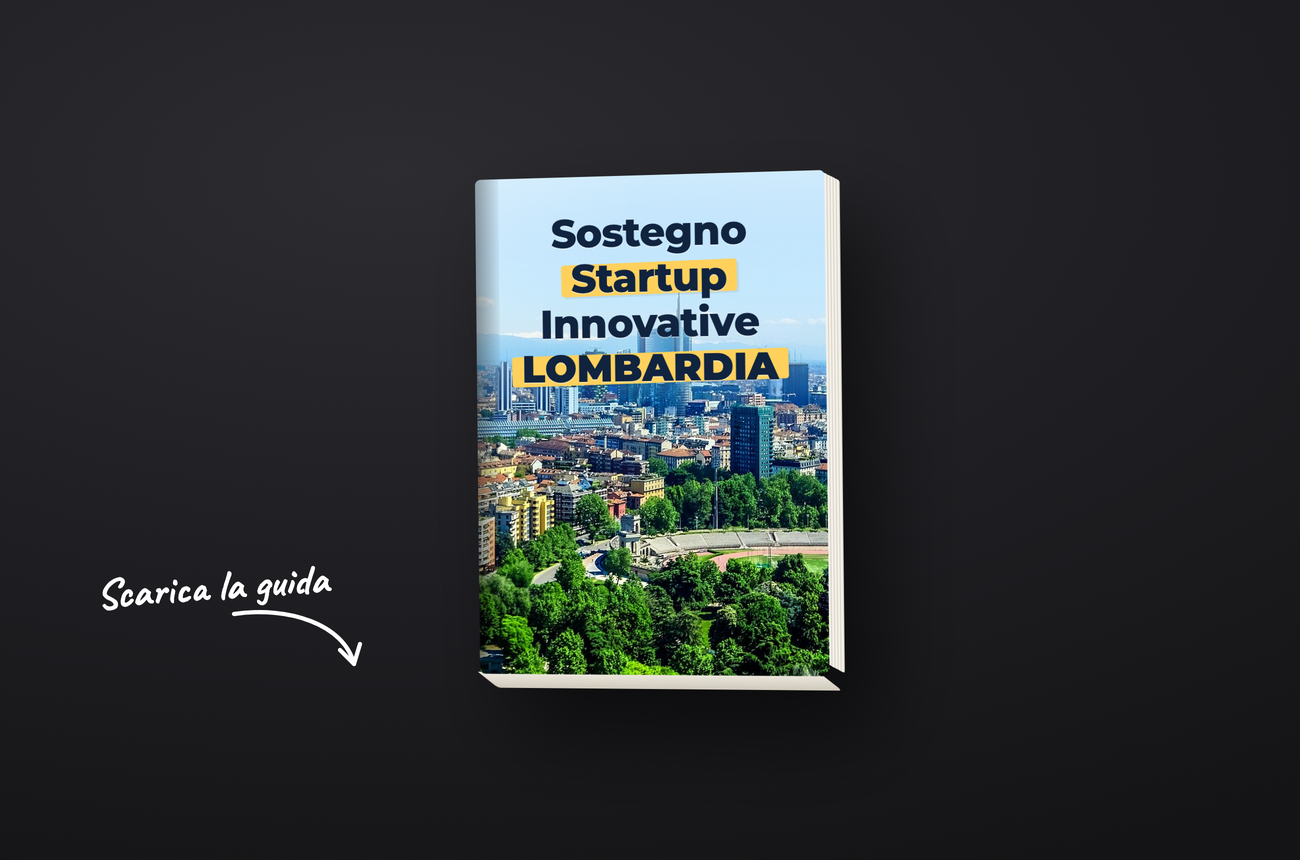 Guida Sostegno Startup Innovative Lombardia, libro con skyline di Milano