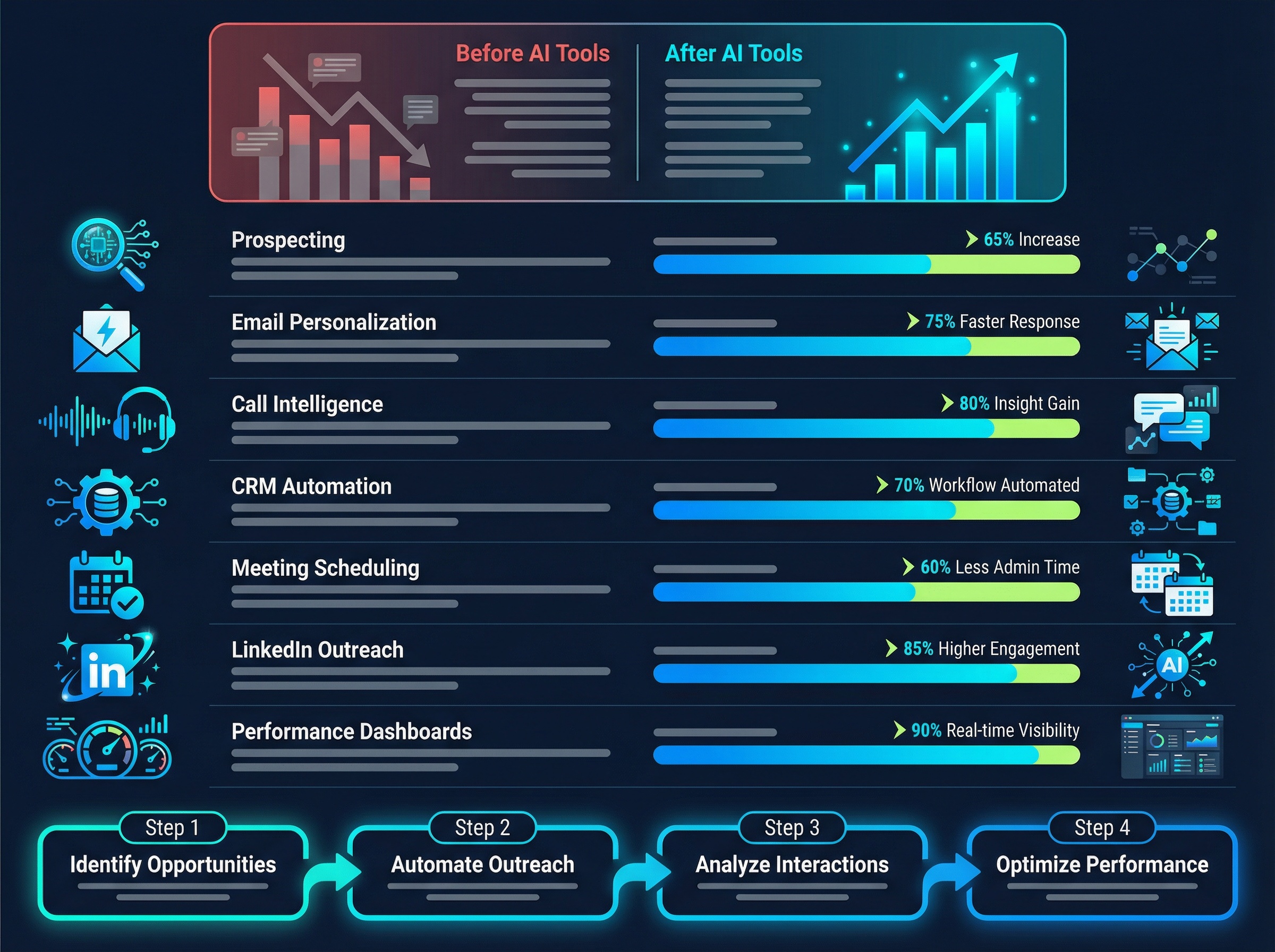Offshore SDR productivity AI tools comparison chart showing 7 tool categories, before-and-after metrics, and 4-step integration workflow