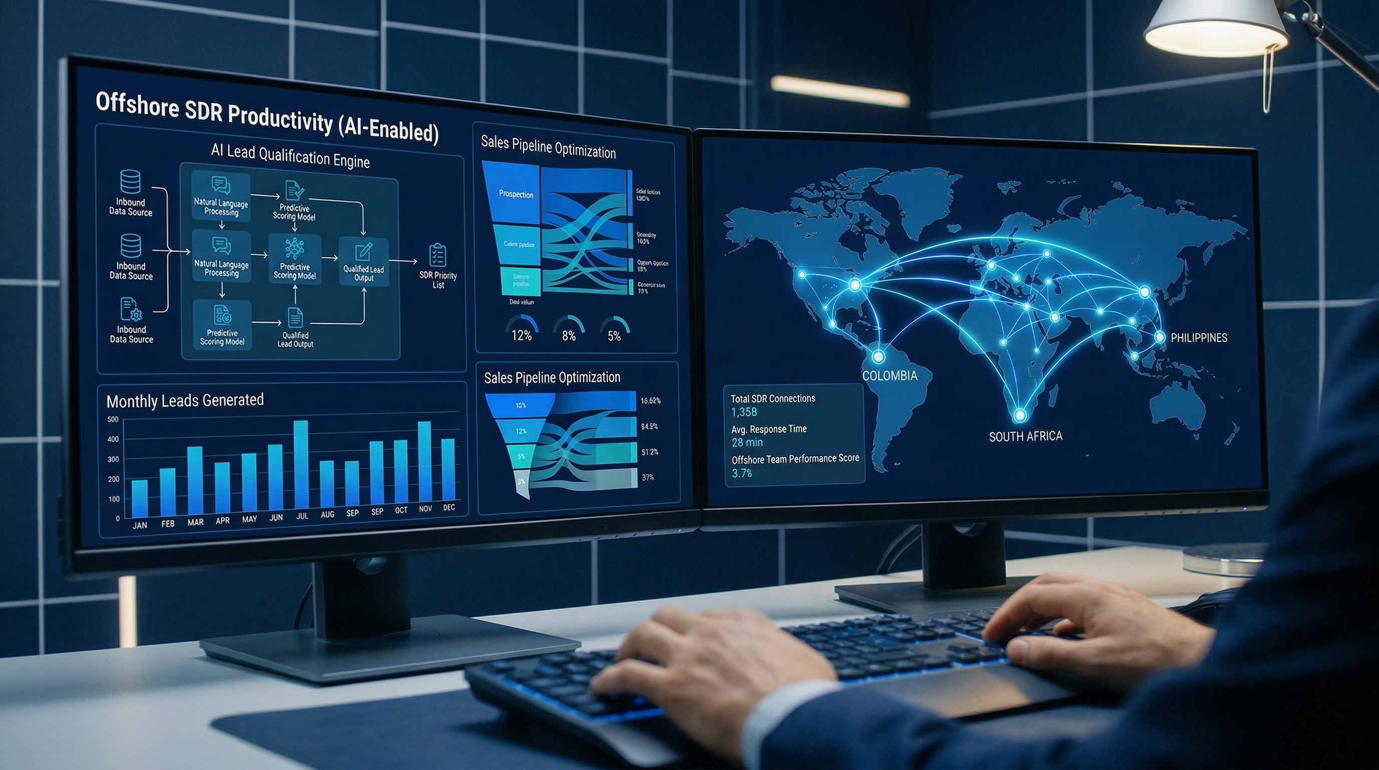 Offshore SDR productivity AI tools dashboard showing global sales team connections and real-time pipeline analytics