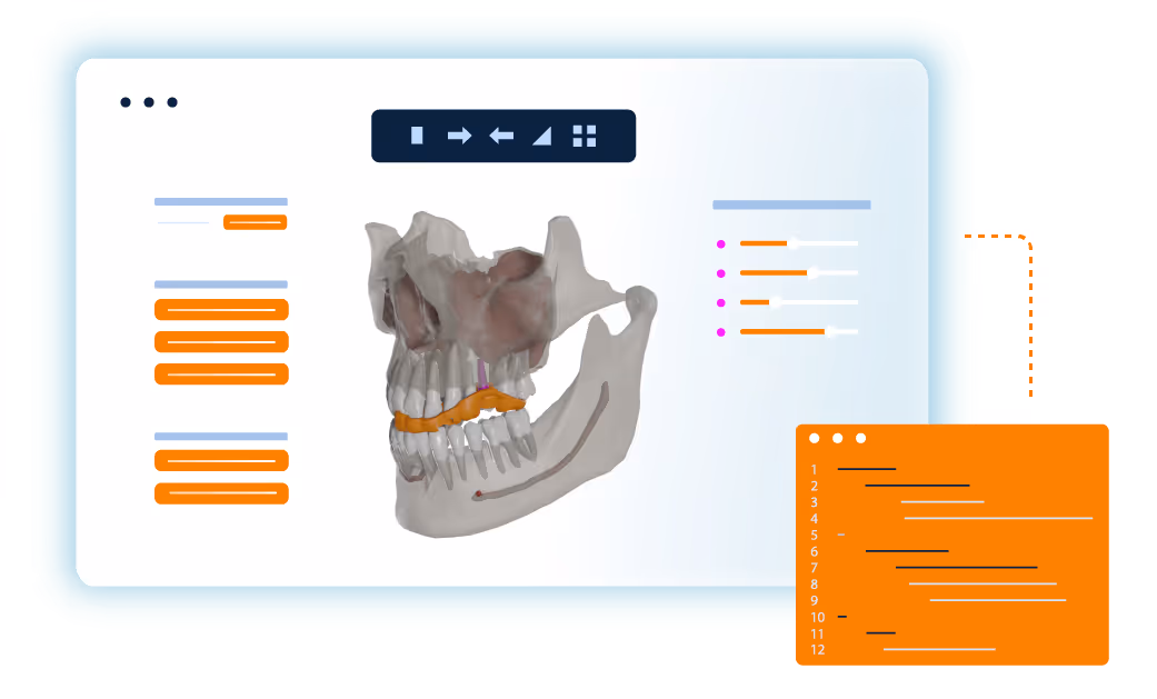 Illustration showing a skull of a patient with a surgical guide embedded inside of a third party software and an illustration of code that runs in the background