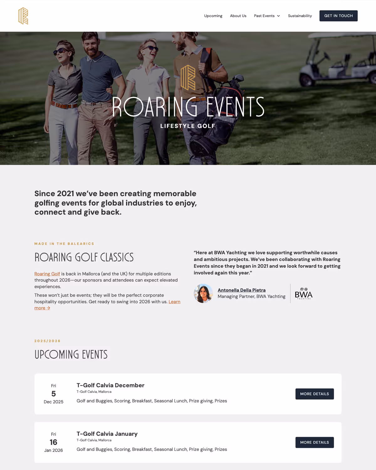 roaring events website screenshot