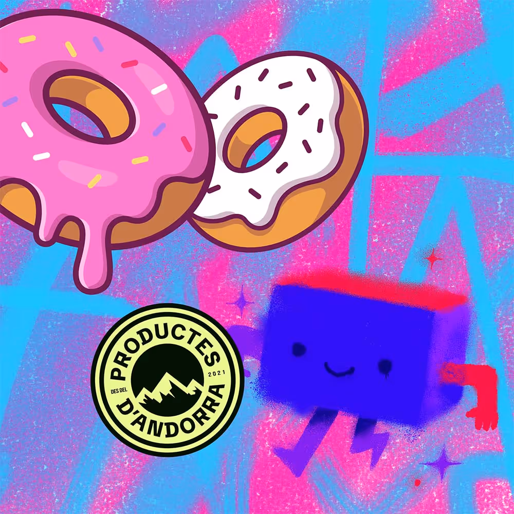 cartoon brand assets including a badge and some donuts