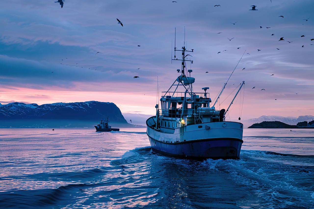 Båt på fisketur i Lofoten omgitt av blått hav, rosa himmel og majestetisk kystlandskap.