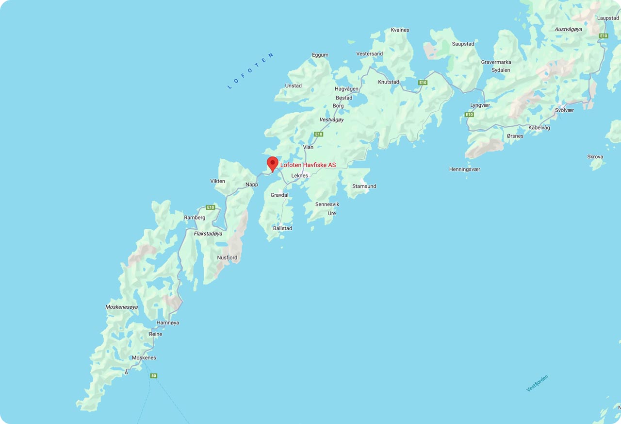 Map showing the location of Lofoten Havfiske for cod fishing trips in Nappstraumen, Lofoten.