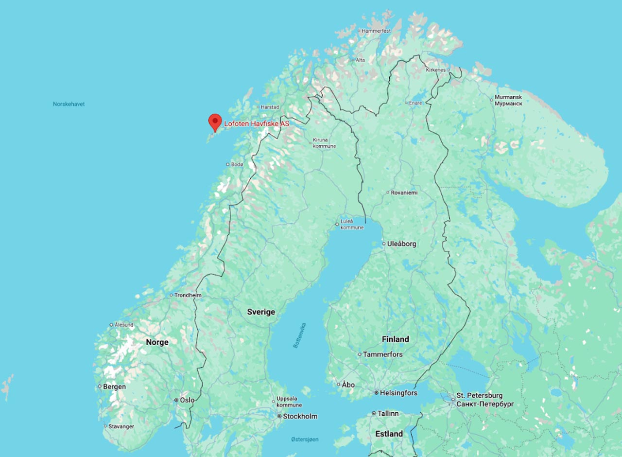 Wide map showing Lofoten Havfiske’s position in Northern Norway, near Bodø and the Arctic Circle.