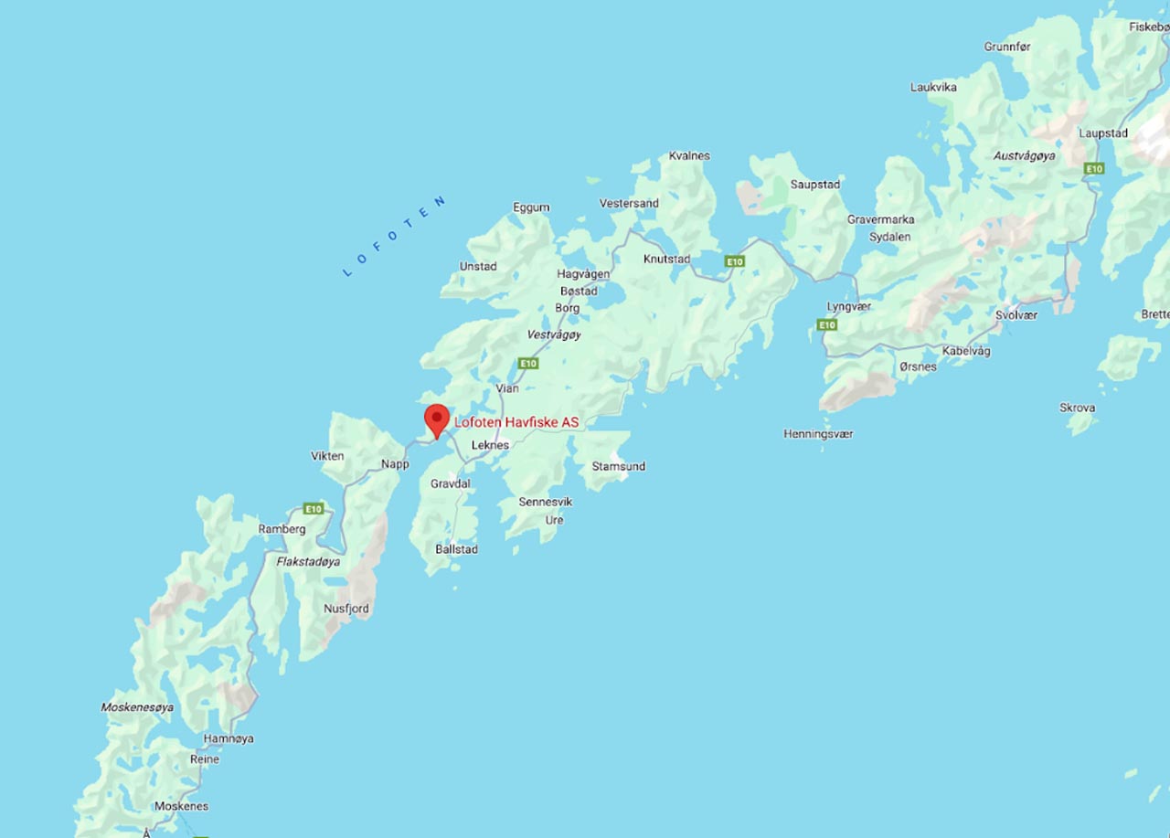 Map showing Lofoten Havfiske’s location in Nappstraumen, between Leknes and Reine in Lofoten.