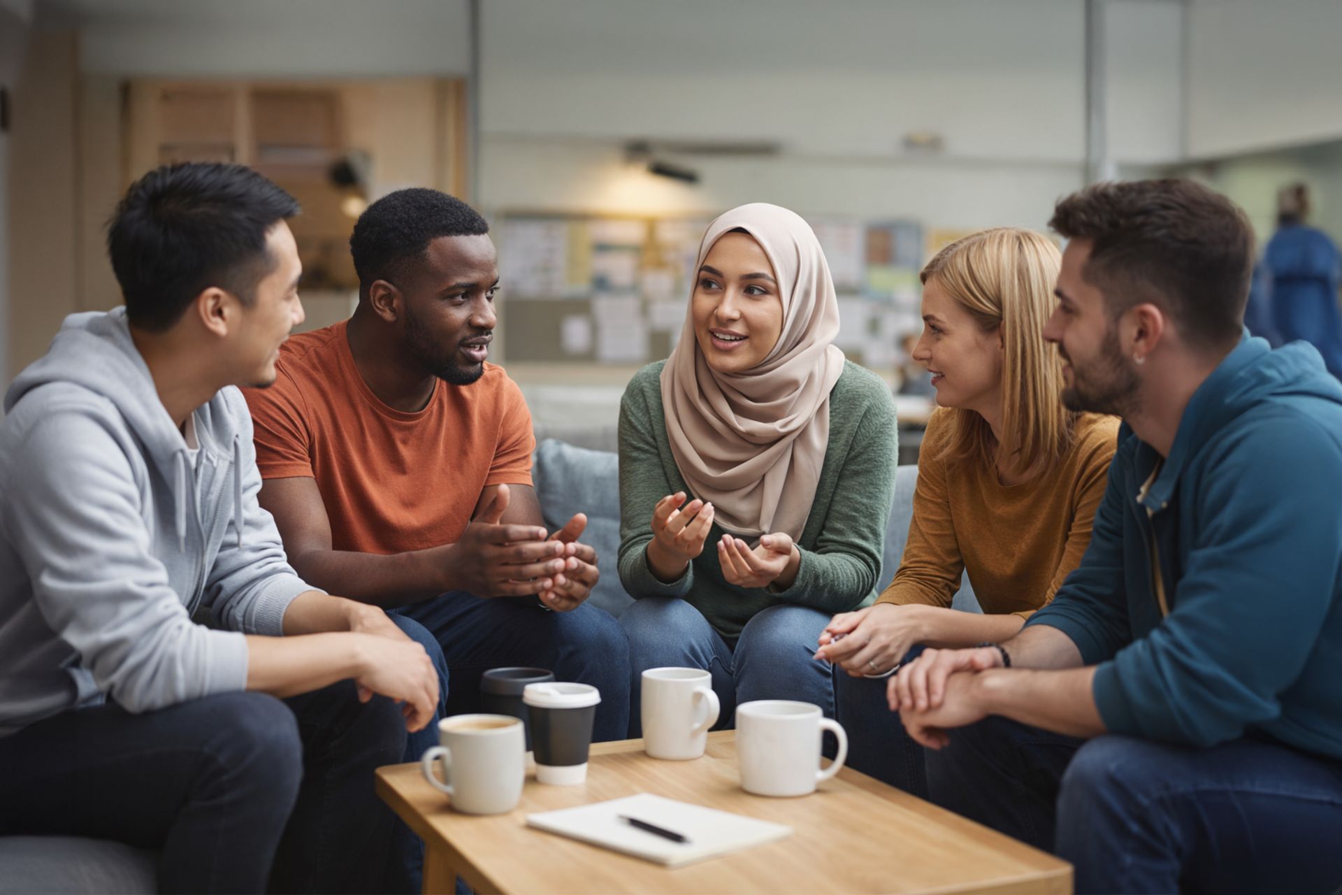 Five diverse young adults sitting around a table having a friendly discussion with coffee mugs in an informal indoor setting.