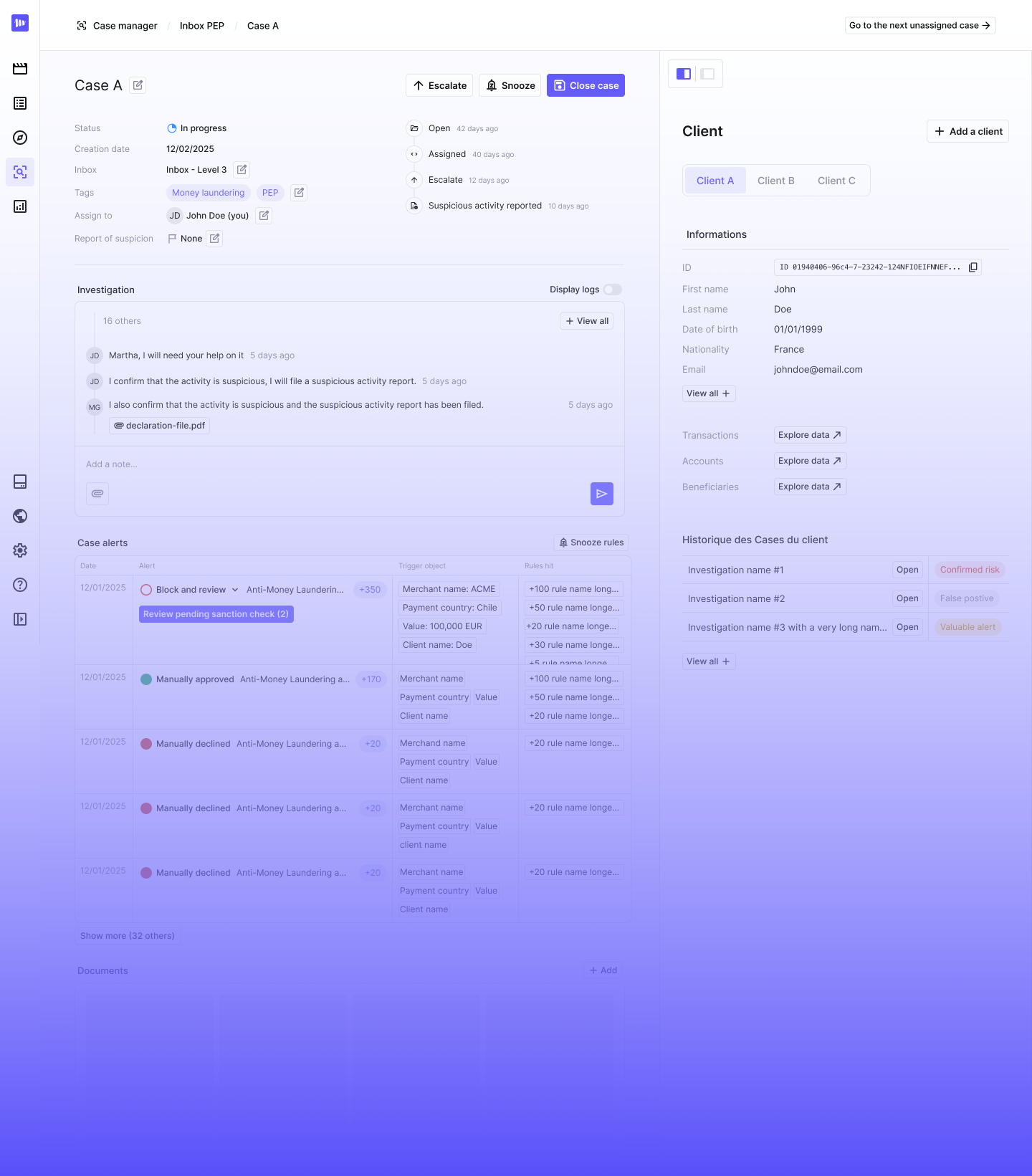 Marble Case Manager 360-degree AML investigation view with unified alerts, entities, and transaction history