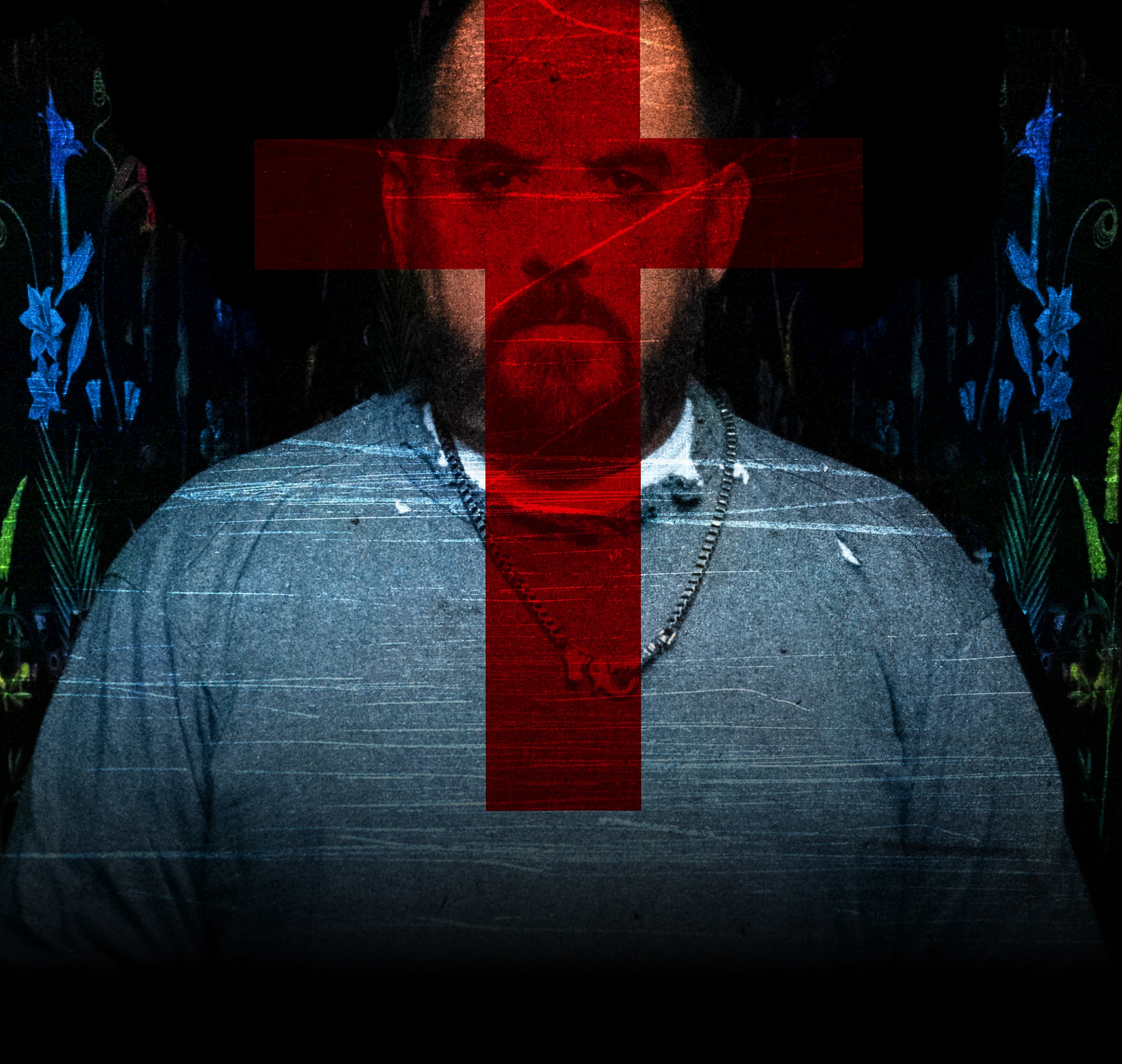 Photo of David with his eyes cropped out, a gritty texture over the image and a large red cross in the center