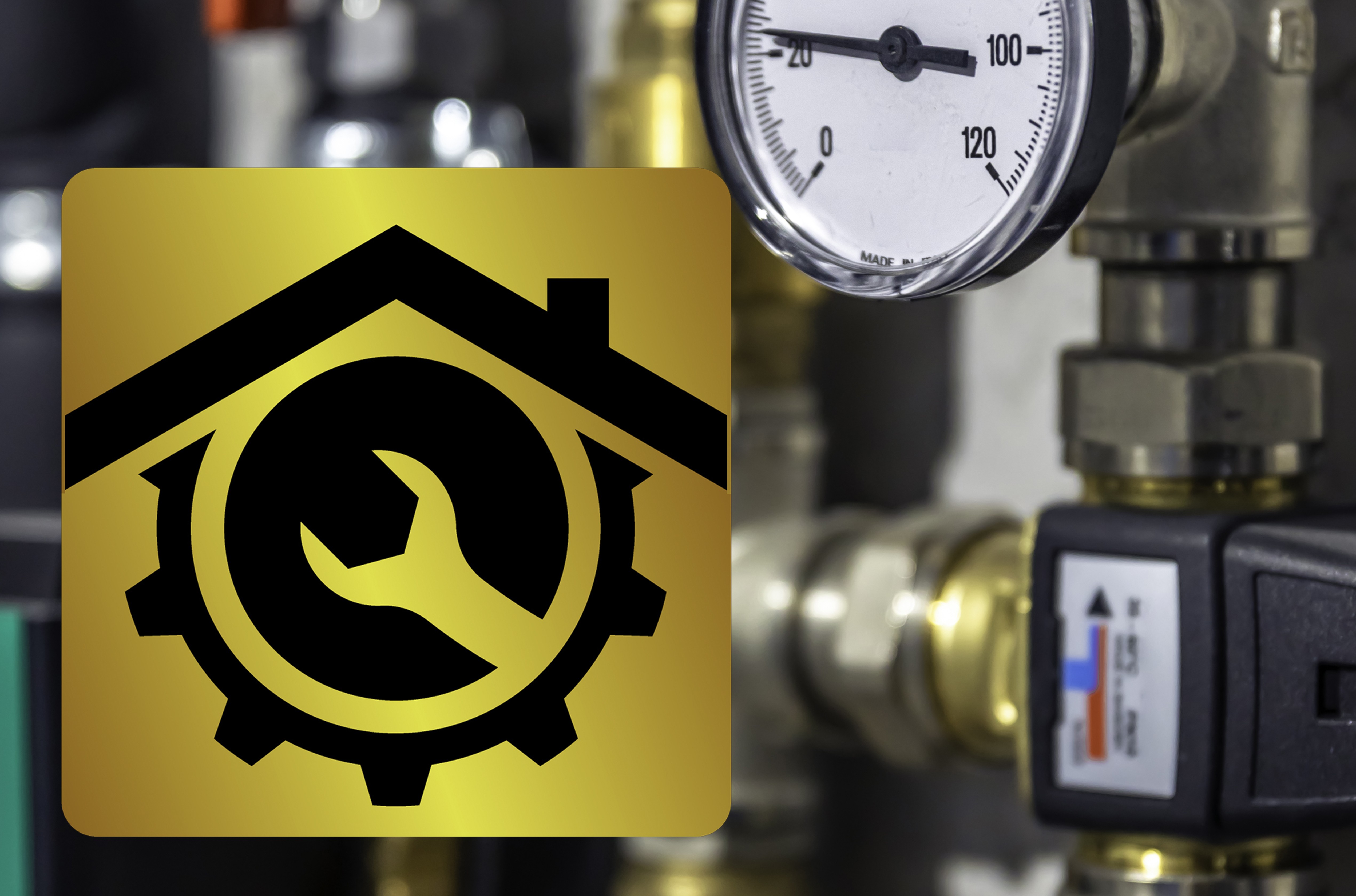 Druckmanometer und Leitungen mit Baukomponenten einer Gasheizung mit einem Emblem im Vordergrund mit Werkzeug und Haussymbol