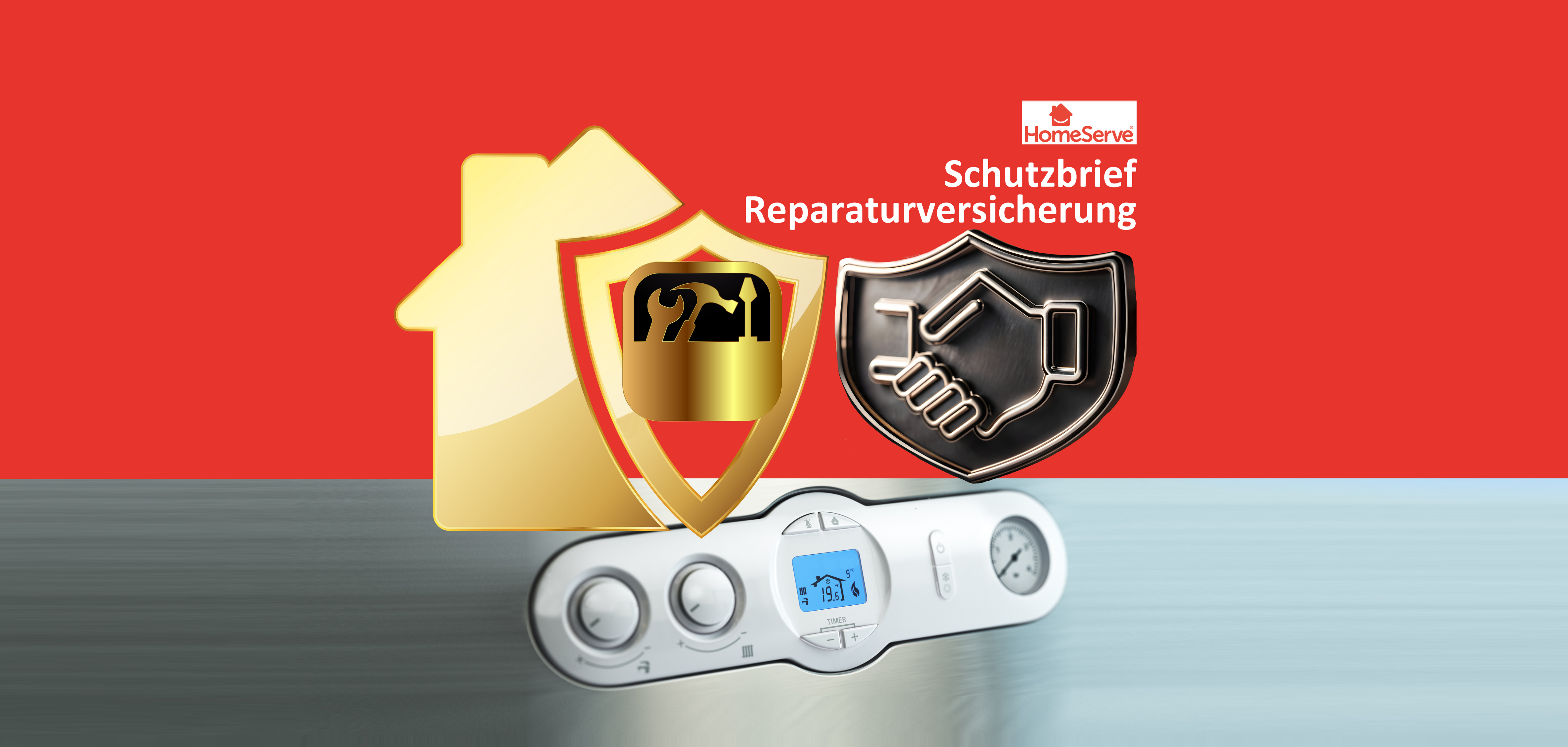 Haus mit Schutzschild und Werkzeug und Gastherme