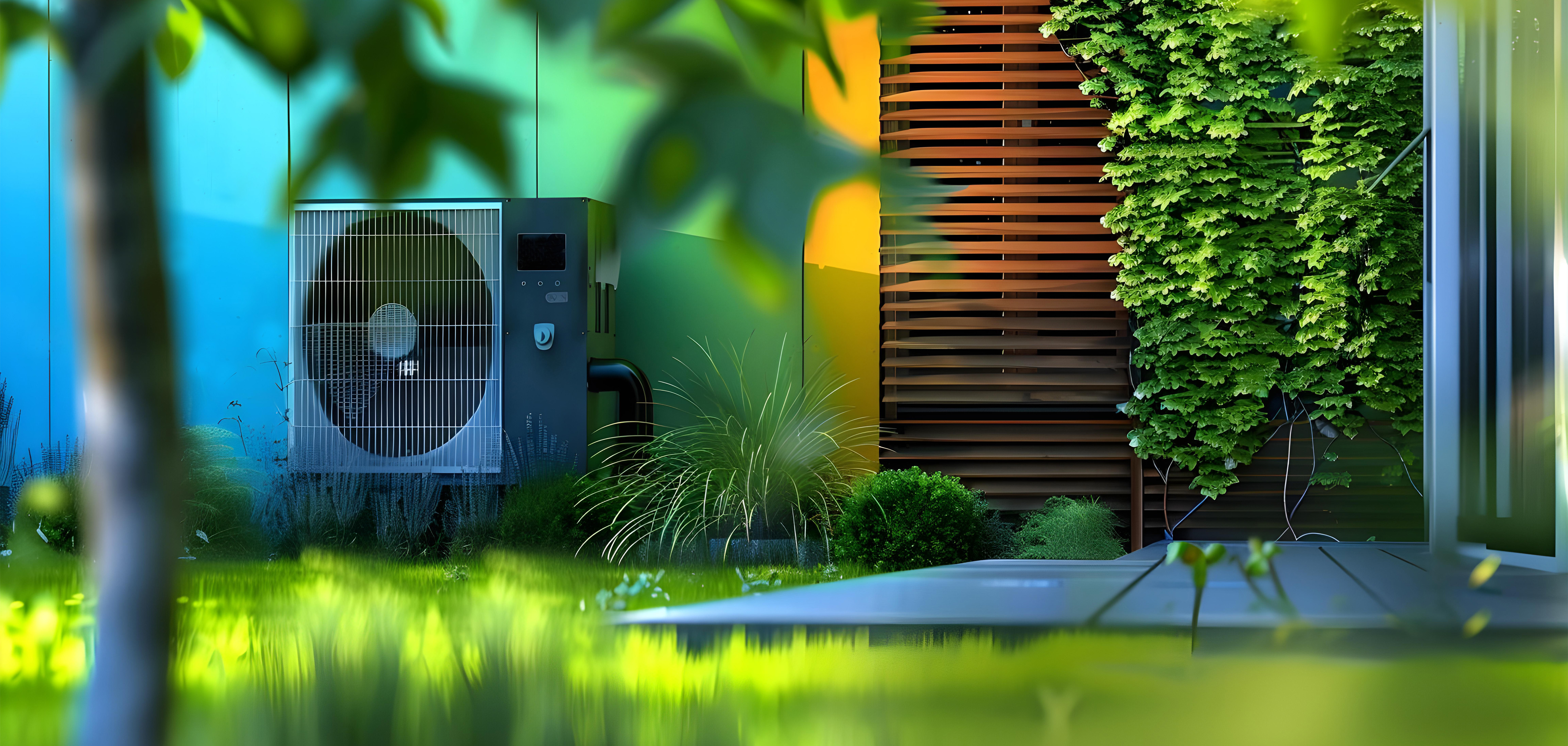 Wärmepumpe neben Terrasse im Grünen