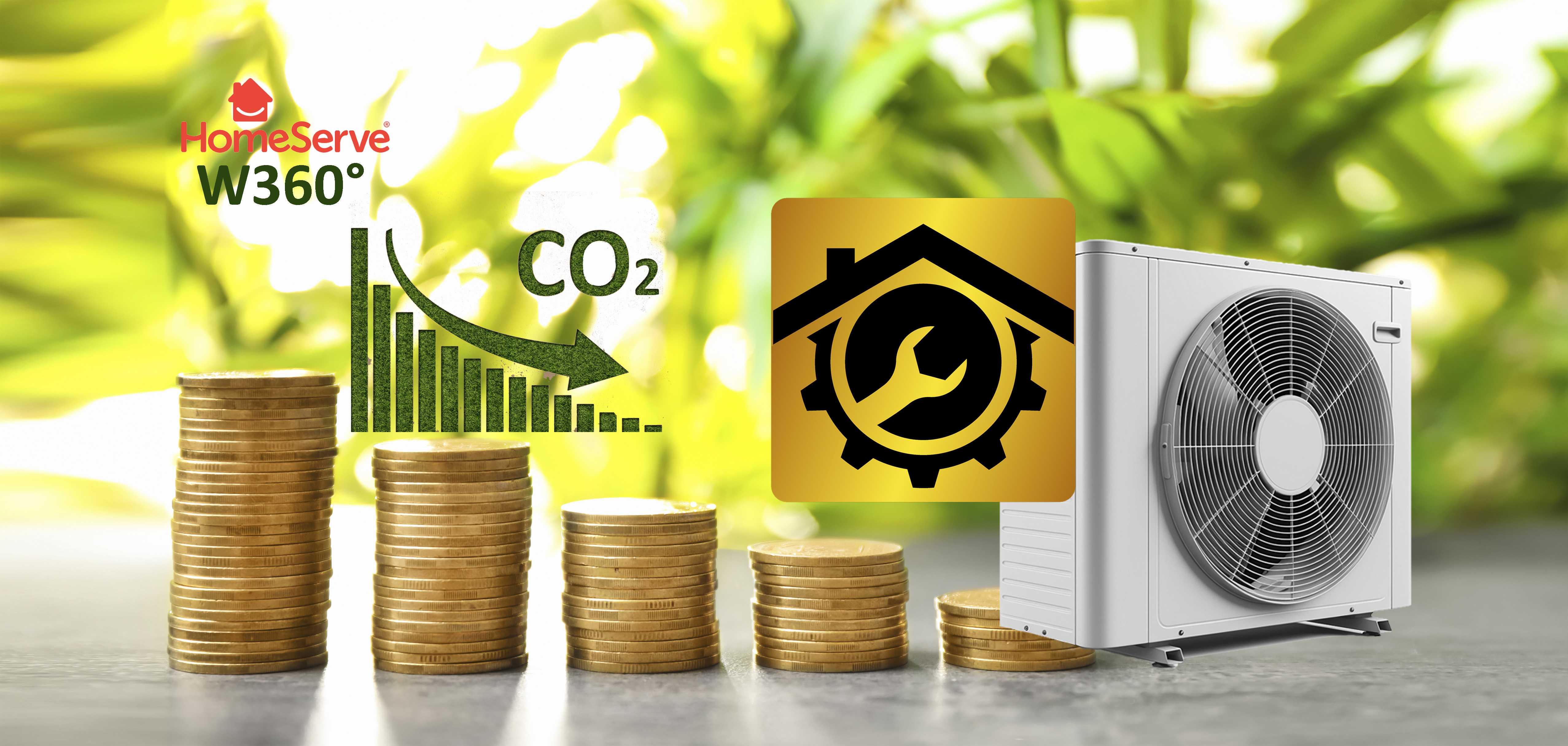 Grüne Natur mit Geldmünzen und Wärmepumpe und Symbol für Haus und Service und nachhaltiger CO2-Graphik