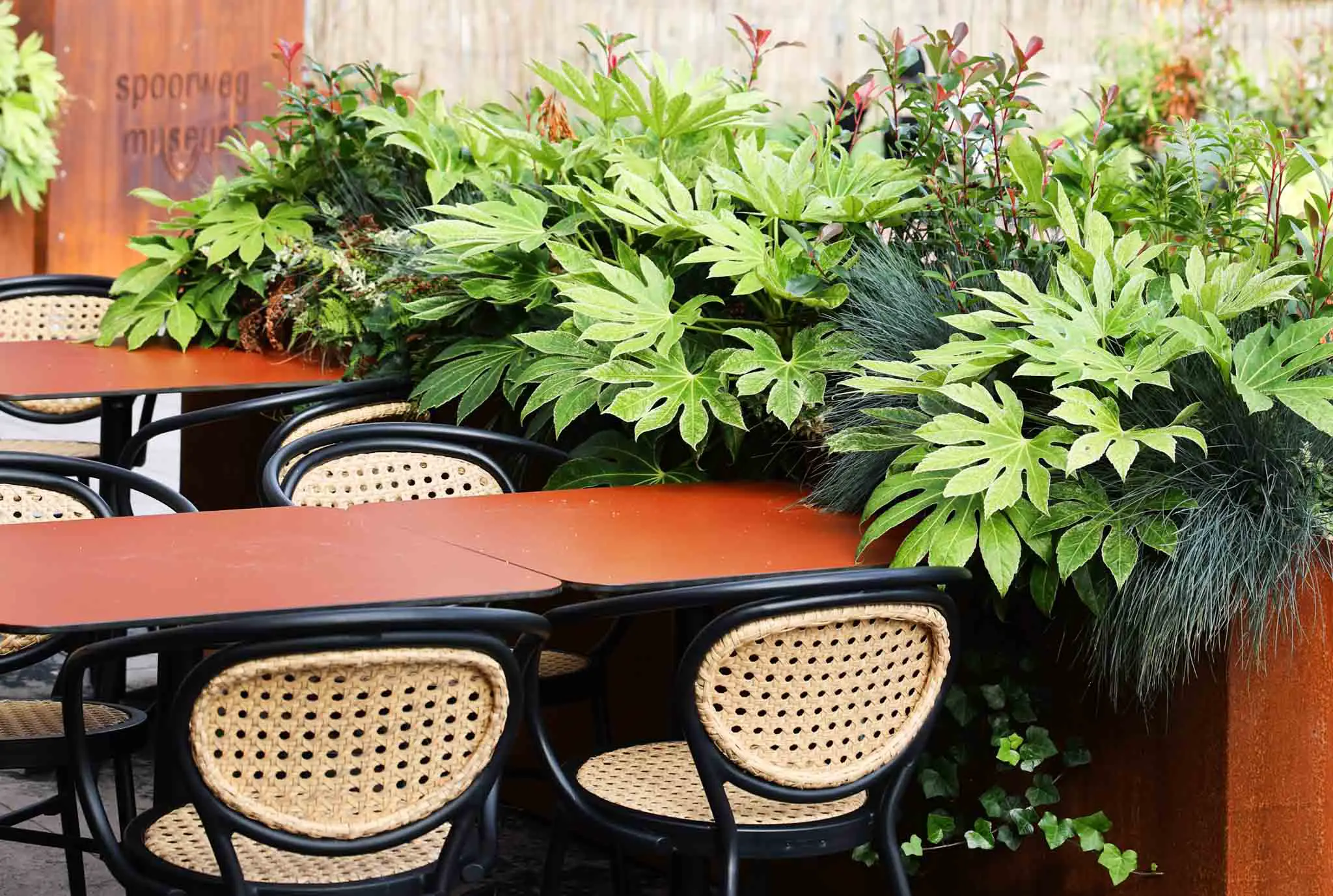 Terras van het Spoorwegmuseum met strategisch geplaatste plantenbakken die beschutte hoekjes creëren, zorgen voor comfort en privacy, en gasten beschermen tegen wind in een uitnodigende buitenruimte.